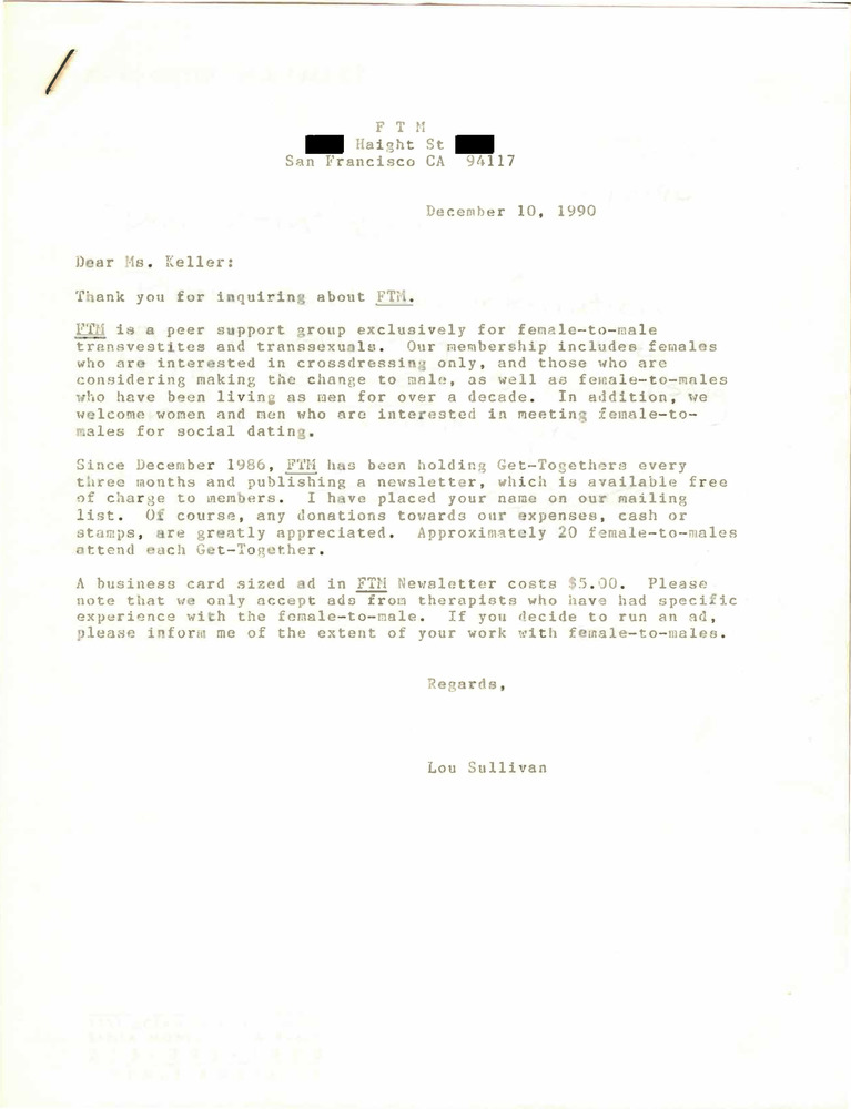 Download the full-sized PDF of Correspondence Between Lou Sullivan and Marie Keller (November-December 1990)