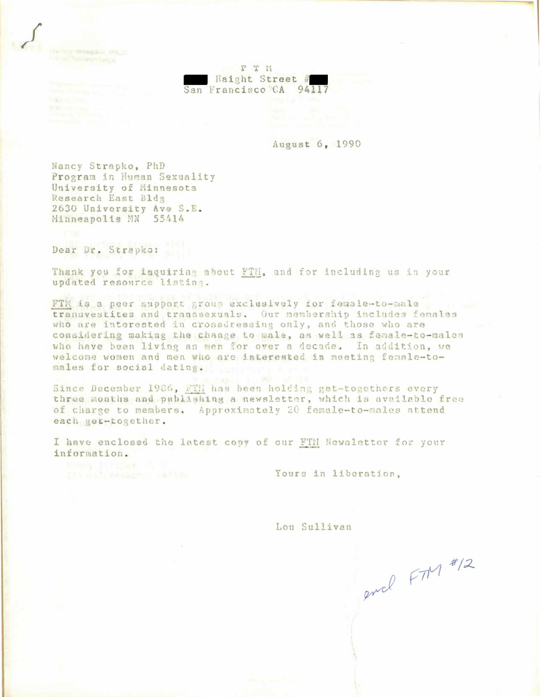 Download the full-sized PDF of Correspondence from Lou Sullivan to Nancy Strapko (August 6, 1990)