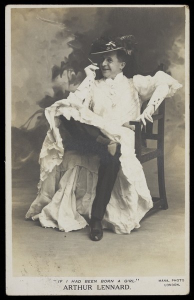 Download the full-sized image of Arthur Lennard in drag over his male clothing, smoking a cigar. Photographic postcard, 19--.