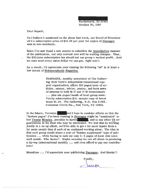 Download the full-sized image of Letter from Jana to Rupert Raj (October 30, 1987)