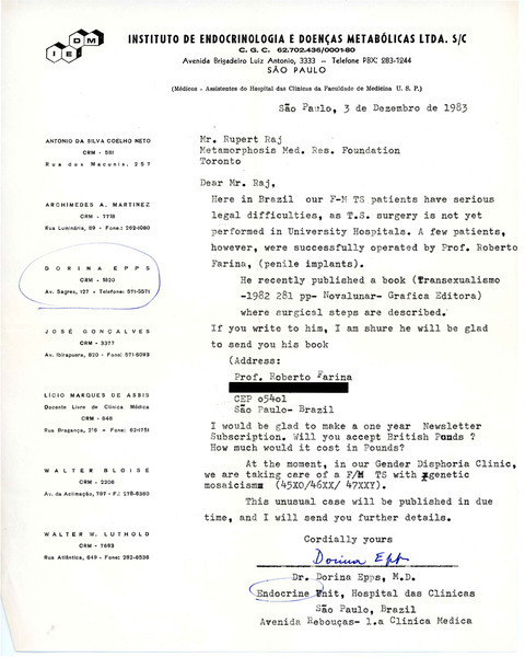 Download the full-sized image of Letter from Dr. Dorina Epps to Rupert Raj (December 3, 1983)