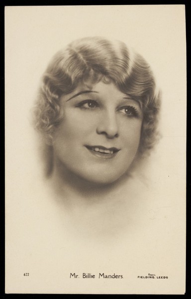 Download the full-sized image of Billie Manders in drag; vignette portrait. Photographic postcard, 1929.