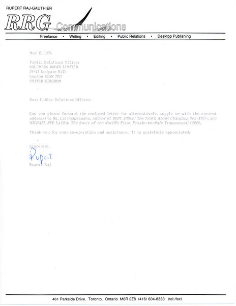 Download the full-sized image of Letter from Rupert Raj to Public Relations Officer (May 11, 1994)