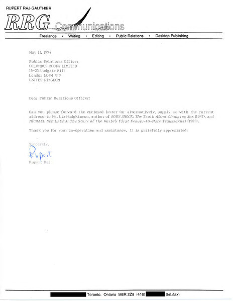 Download the full-sized image of Letter from Rupert Raj to Public Relations Officer (May 11, 1994)