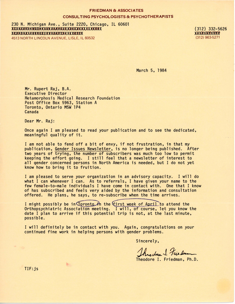 Download the full-sized PDF of Letter from Theodore I. Friedman to Rupert Raj (March 5, 1984)