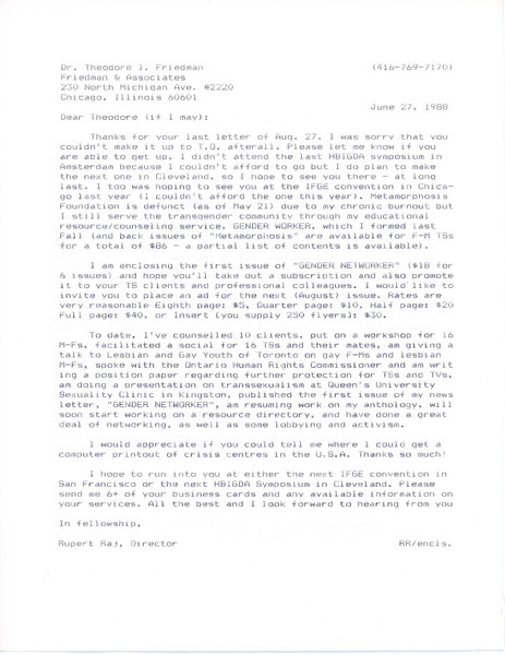 Download the full-sized image of Letter from Rupert Raj to Dr. Theodore Friedman (June 27, 1988)