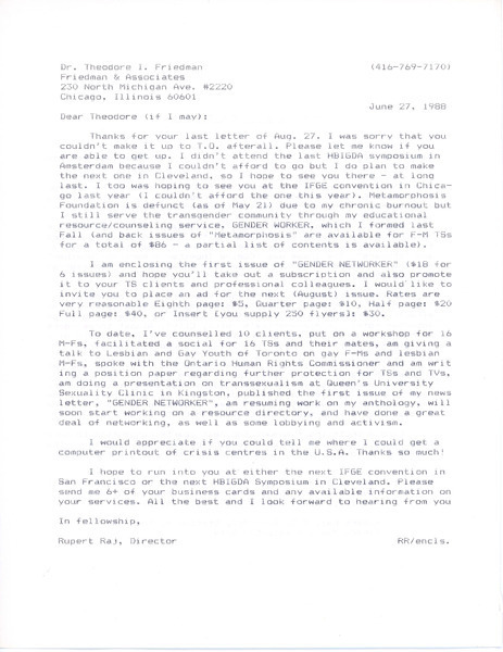 Download the full-sized image of Letter from Rupert Raj to Dr. Theodore Friedman (June 27, 1988)