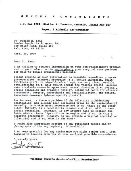 Download the full-sized image of Letter from Rupert Raj to Dr. Donald R. Laub (April 20, 1990)