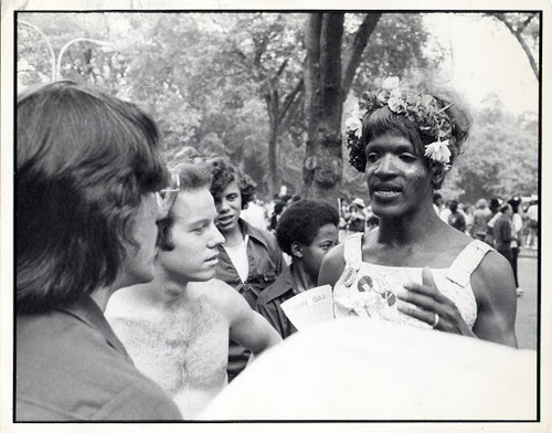 Download the full-sized image of Marsha P. Johnson at the Christopher Street Liberation Day March, 1974