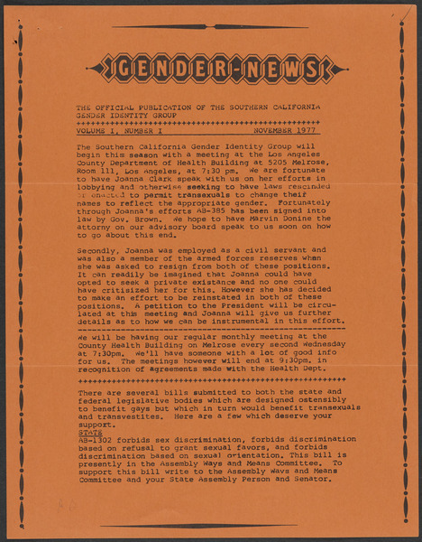 Download the full-sized image of Gender News Vol. 1, No. 1