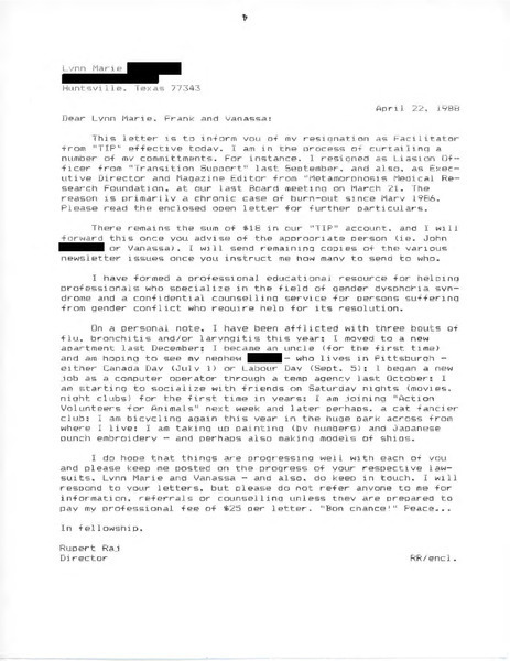 Download the full-sized image of Letter from Rupert Raj to Lynn Marie Scribner (April 22, 1988)