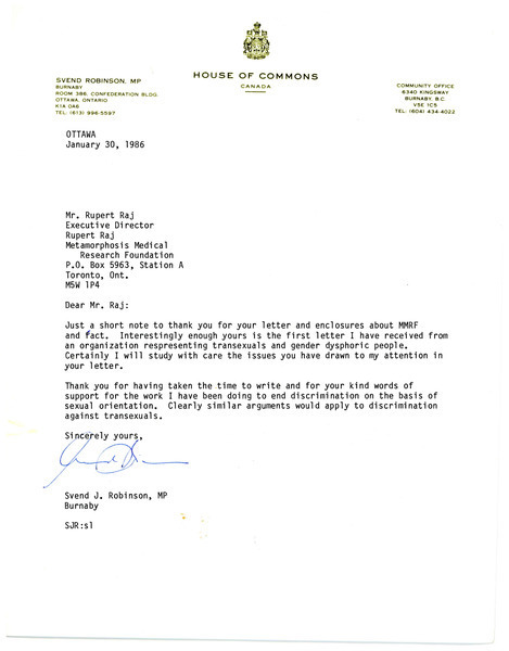 Download the full-sized image of Letter from Svend J. Robinson to Rupert Raj (January 30, 1986)