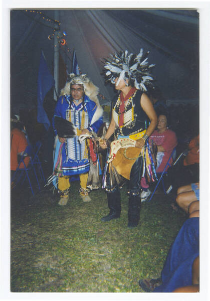 Download the full-sized image of Albert McLeod and unidentified person in traditional ceremonial dress at 2nd National Aboriginal AIDS Conference, 1991