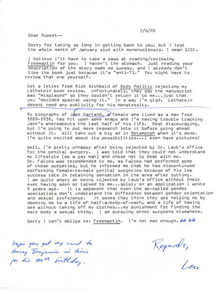 Download the full-sized image of Letter from Lou Sullivan to Rupert Raj (February 6, 1985)