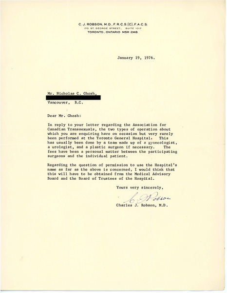 Download the full-sized image of Letter from Dr. Charles J. Robsen to Rupert Raj (January 19, 1976)