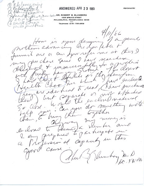 Download the full-sized image of Letter from Robert Blumberg (April 11, 1986)
