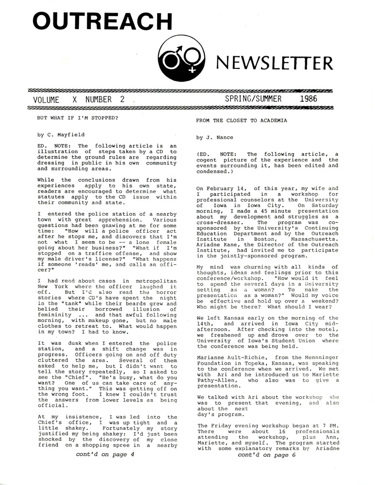 Download the full-sized PDF of Outreach Newsletter Vol. 10 No. 2 (Spring/Summer 1986)