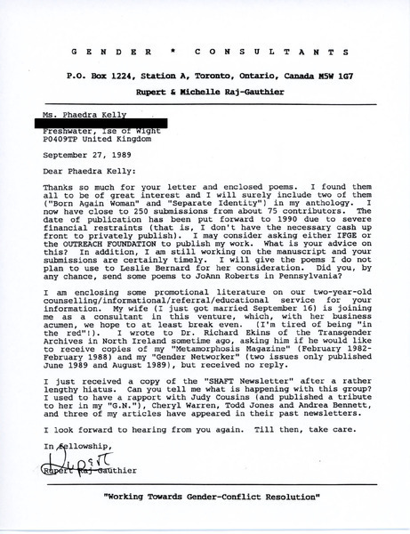 Download the full-sized image of Letter from Rupert Raj to Phaedra Kelly (September 27. 1989)