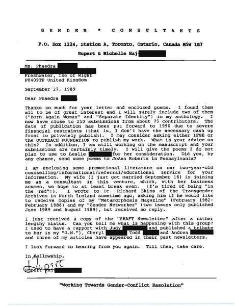 Download the full-sized image of Letter from Rupert Raj to Phaedra Kelly (September 27. 1989)