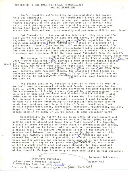 Download the full-sized image of A Letter from Rupert Raj to MtF Transsexuals (1979)