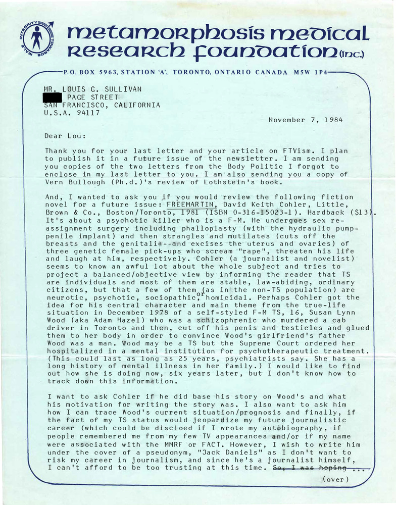 Download the full-sized PDF of Correspondence from Rupert Raj to Lou Sullivan (November 7, 1984)