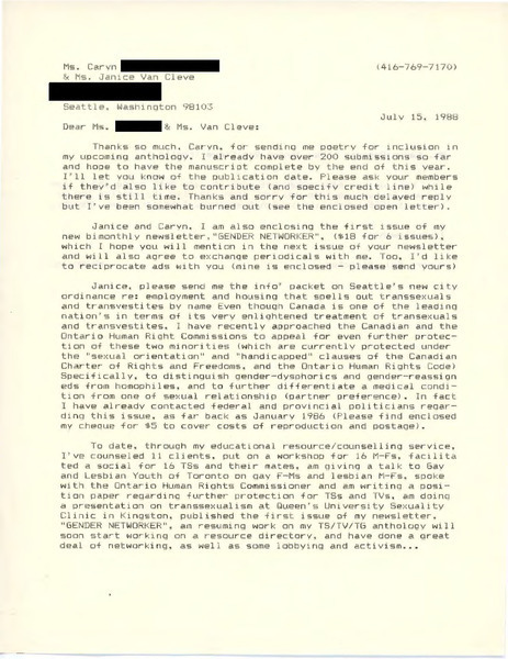 Download the full-sized image of Letter from Rupert Raj to Caryn and Janice Van Cleve (July 15, 1988)