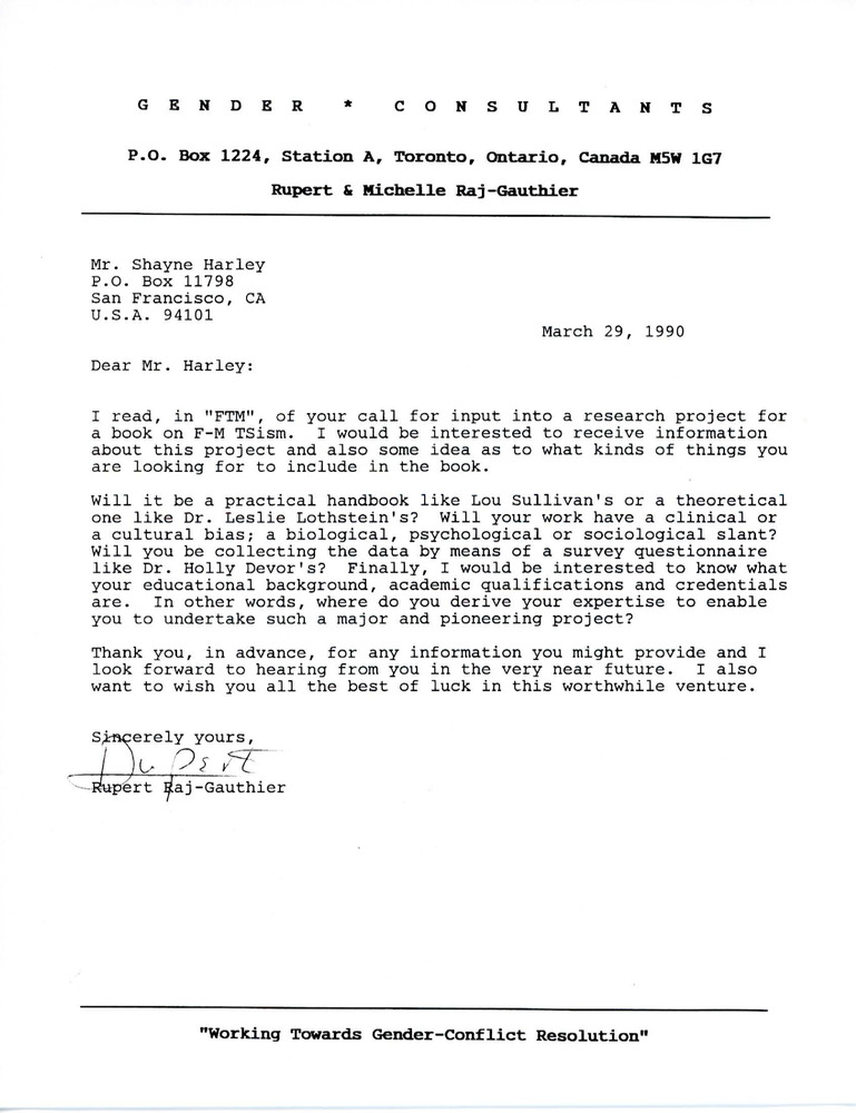 Download the full-sized PDF of Letter from Rupert Raj to Shayne Harley (March 29, 1990)