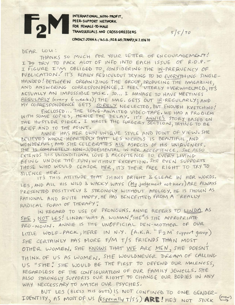 Download the full-sized PDF of Correspondence from John Armstrong to Lou Sullivan (May 5, 1990)