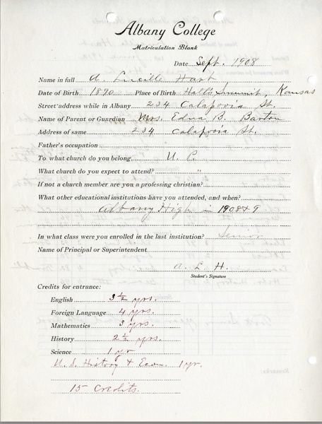 Download the full-sized image of Alan Hart's Albany College transcript