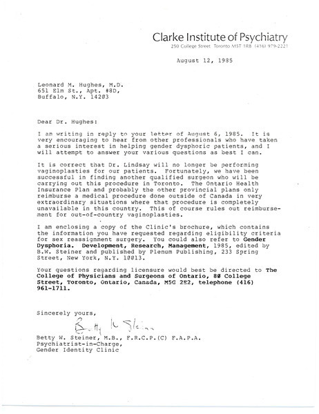 Download the full-sized image of Letter from Betty Steiner to Dr. Leonard Hughes (August 12, 1985)