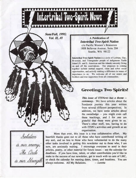 Download the full-sized image of Intertribal Two-Spirit Nation publication, 'Intertribal Two-Spirit News',  Volume 2, Number 1, 1995