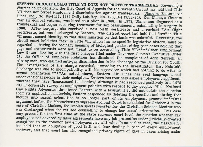 Download the full-sized PDF of Seventh Circuit Holds Title VII Does Not Protect Transsexual