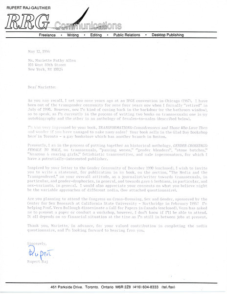 Download the full-sized image of Letter from Rupert Raj to Mariette Pathy Allen (May 12, 1994)