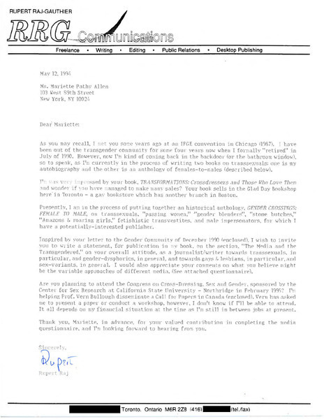 Download the full-sized image of Letter from Rupert Raj to Mariette Pathy Allen (May 12, 1994)