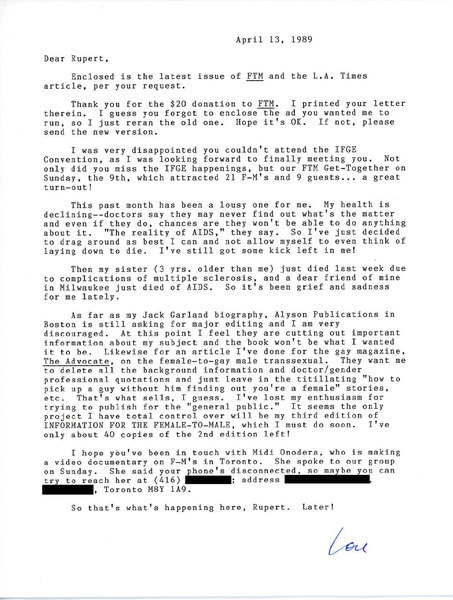 Download the full-sized image of Letter from Lou Sullivan to Rupert Raj (April 13, 1989)