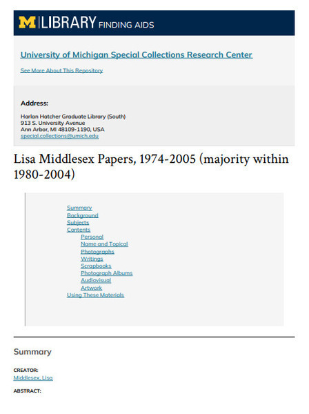Download the full-sized image of Lisa Middlesex Papers, 1974-2005 Finding Aid