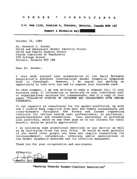 Download the full-sized image of Letter from Rupert Raj to Dr. Kenneth J. Zucker