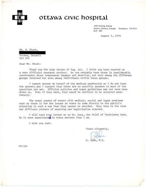 Download the full-sized image of Letter to Rupert Raj from Dr. G. Hyde (August 9, 1973)