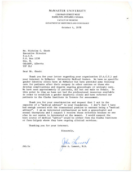 Download the full-sized image of Letter from John A. Lamont to Rupert Raj (October 4, 1978)