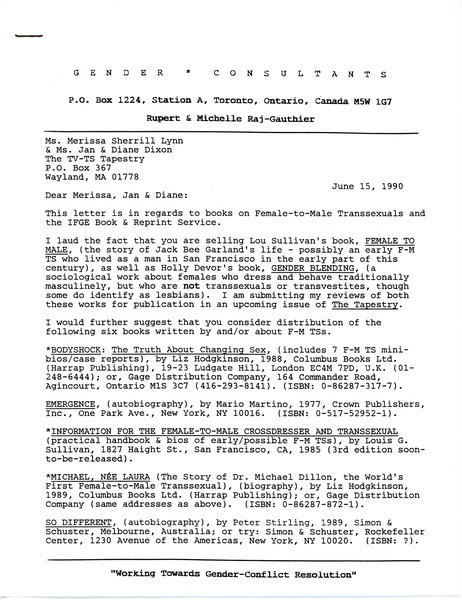 Download the full-sized image of Letter from Rupert Raj to Ms. Merissa Sherrill Lynn & Ms. Jan & Diane Dixon (June 15, 1990)