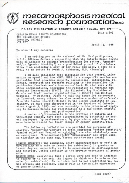 Download the full-sized image of Letter from Rupert Raj to the Ontario Human Rights Commission (April 14, 1986)