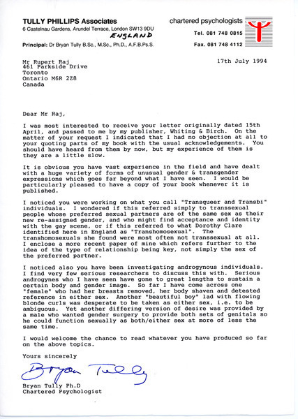 Download the full-sized image of Letter from Dr. Bryan Tully to Rupert Raj (July 17, 1994)