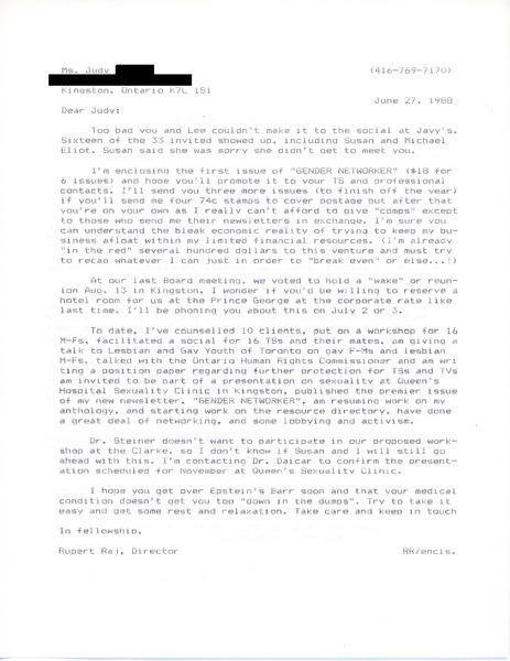Download the full-sized image of Letter from Rupert Raj to Judy and Press Release (June 27, 1988)