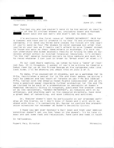 Download the full-sized image of Letter from Rupert Raj to Judy and Press Release (June 27, 1988)