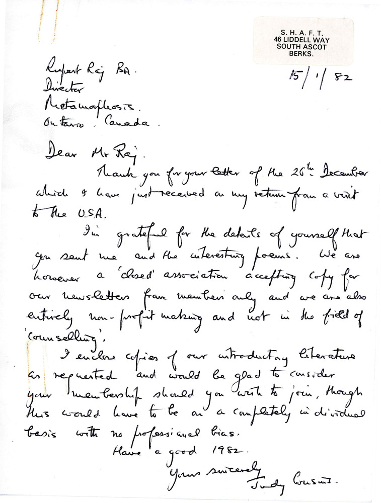 Download the full-sized PDF of Letter from Judy Cousins to Rupert Raj (January 15, 1982)