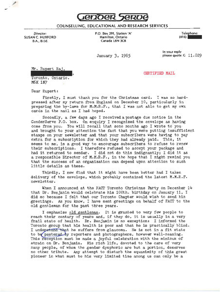 Download the full-sized image of Letter from Susan C. Huxford to Rupert Raj (January 3, 1985)