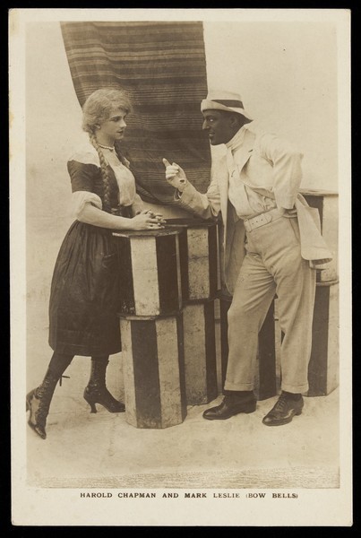 Download the full-sized image of Harold Chapman and Mark Leslie performing a revue for the Bow Bells. Photographic postcard, 191-.