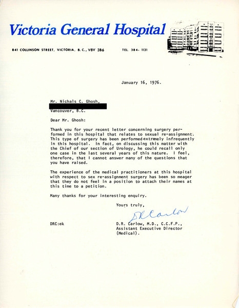 Download the full-sized image of Letter from Dr. Carlow to Rupert Raj (January 1, 1976)