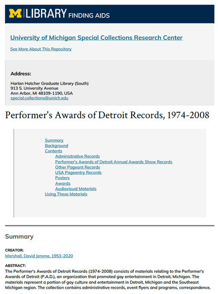 Download the full-sized image of Performer's Awards of Detroit Records, 1974-2008 Finding Aid