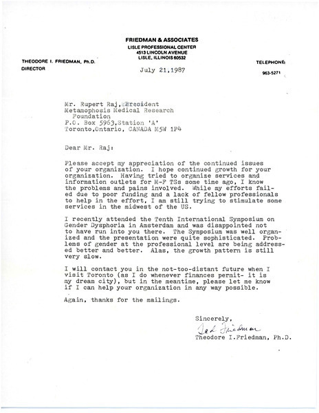 Download the full-sized image of Letter from Theodore I. Friedman to Rupert Raj (July 21, 1987)